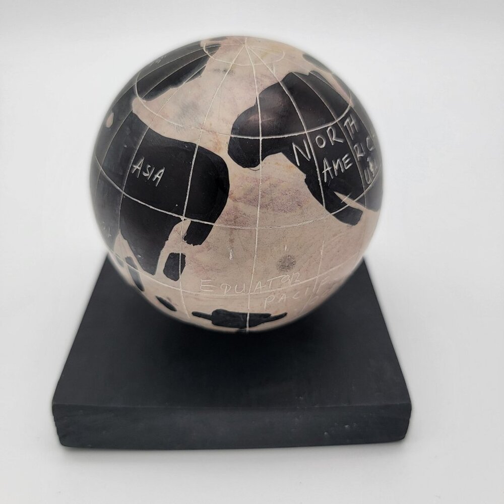 Hand-Carved Soapstone Globe World Map Paperweight - Picture 2 of 6